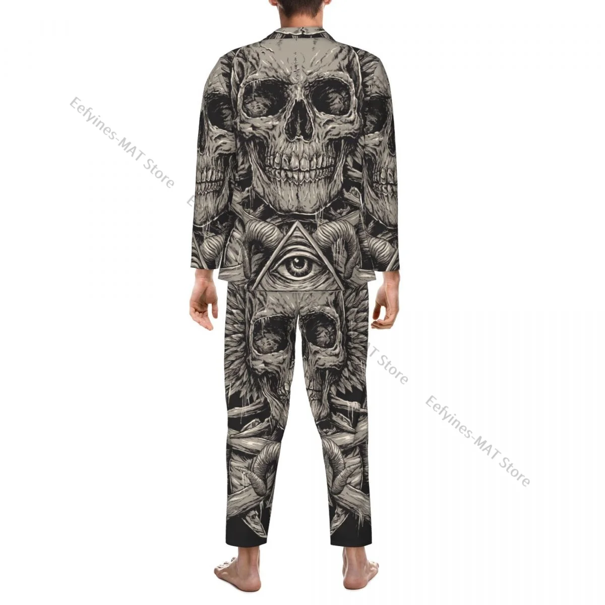 Mens Pajamas Sets Home Suits Heavy Metal Inspired Skull Sleepwear Loose Homewear Long-sleeved Casual Sets