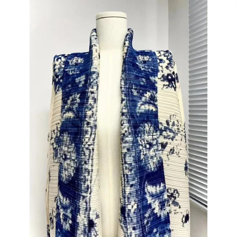 Miyake Pleated Long Sleeve Printed Dress Trench Coat Women 2023 Autumn Winter New Original Designer Turndown Collar Belted Coats