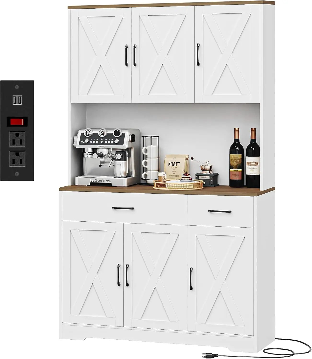 Pantry Cabinet with Charging Station, Tall Kitchen Pantry Storage Cabinet with Microwave Stand, Farmhouse Kitchen Hutch
