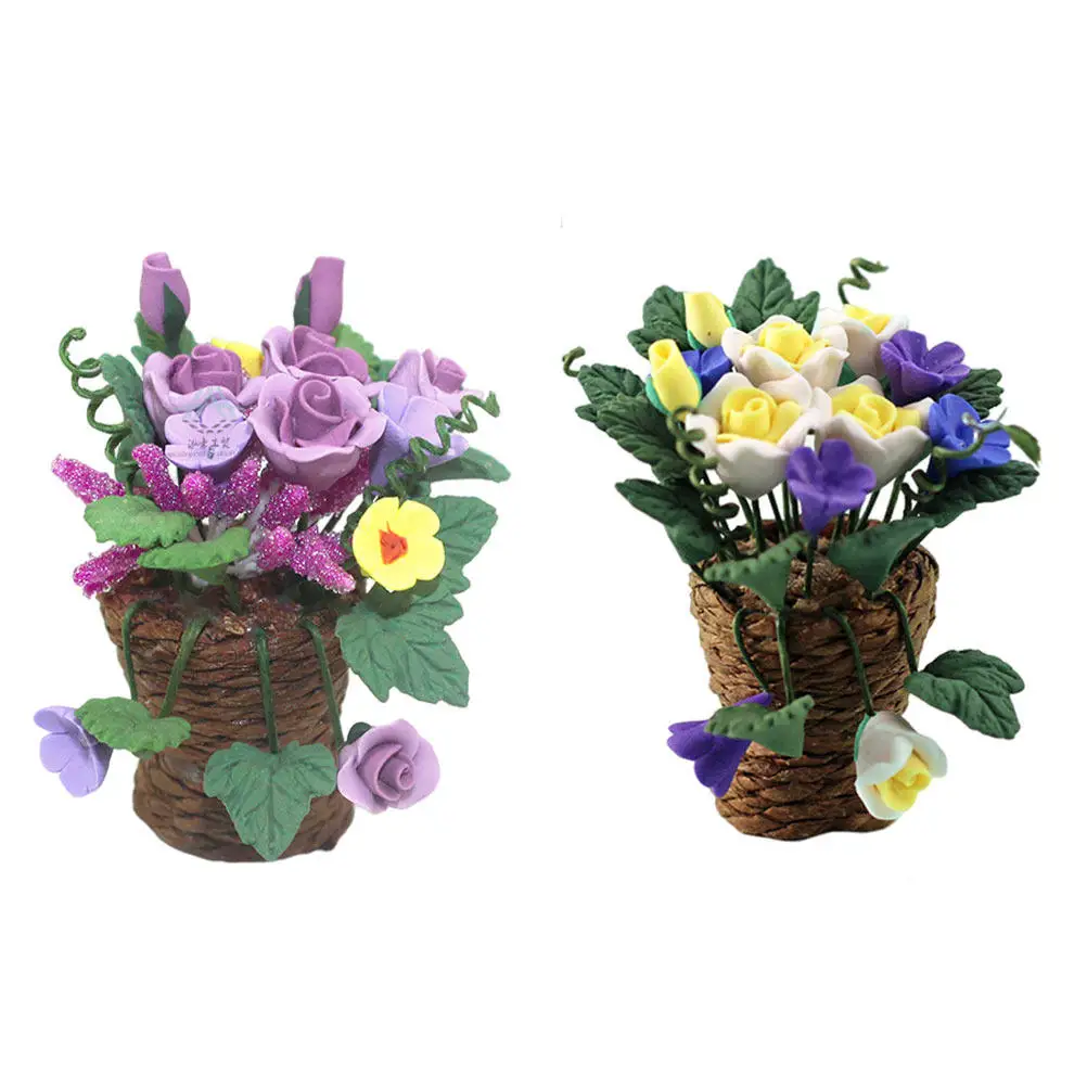 2Pcs 미니 꽃 바구니 분재 장식 홈 오피스 데스크탑을위한 다채로운 마이크로 조경 장식품 DIY 원예 마이크로