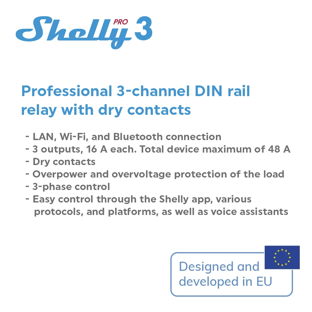 Shelly Pro 3 과전력 과전압 보호, 3 상 제어, 과전압 보호 부하, 총 장치 최대 48A