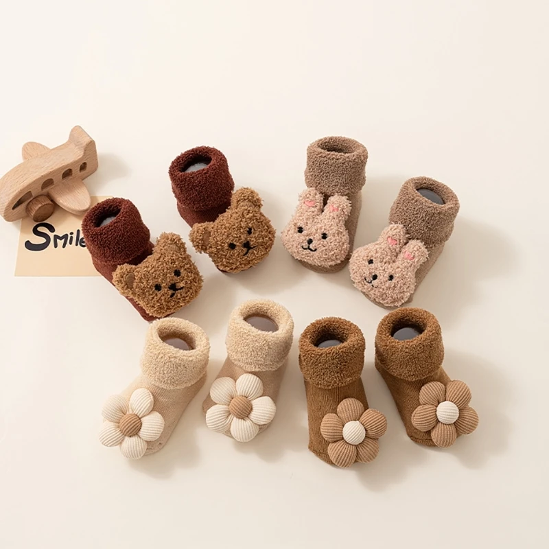

B2EB Winter Baby Socks Anti Slip Floor Socks Lovely Flower/Rabbit Thickened Warm Socks for Warmth Learn to Walking Shoes