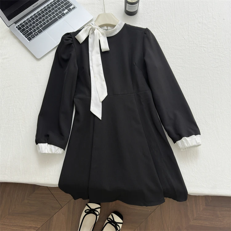 Elegant Evening Dresses for Women Patchwork O-neck Long Sleeves A-line Party Dress Korean Fashion French Retro Vestidos Mujer