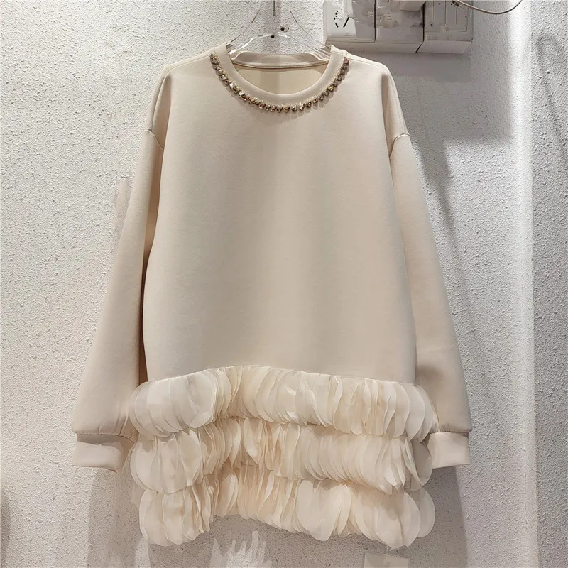 2023 Winter New Round Neck Top Heavy Industry Rhinestone Hem Stitching Petals Versatile Loose Long Sleeves Sweatshirts For Women
