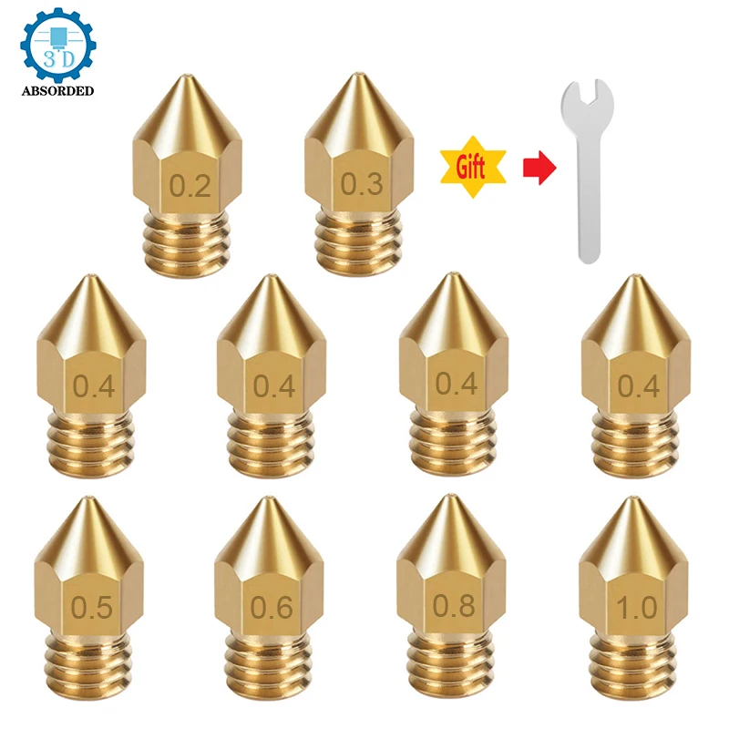 5PCS Premium MK8 Nozzles 0.2 0.3 0.4 0.5 0.6 0.8 1.0mm Brass M6 Thread 1.75MM Filament for CR-10 Ender 3 Prusa i3 KP3S Mega
