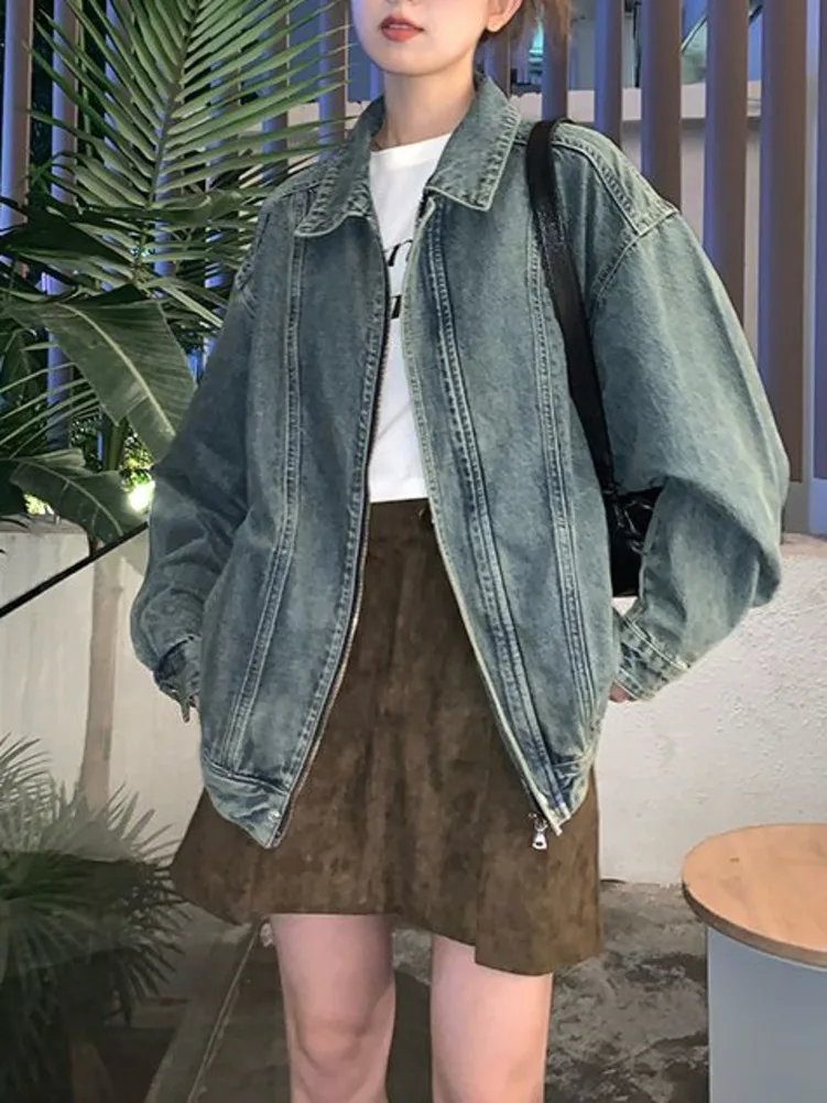 

Куртка женская джинсовая с эффектом потертости, повседневный жакет на молнии, свободный мешковатый синий пиджак в стиле ретро, модная одежда, осень