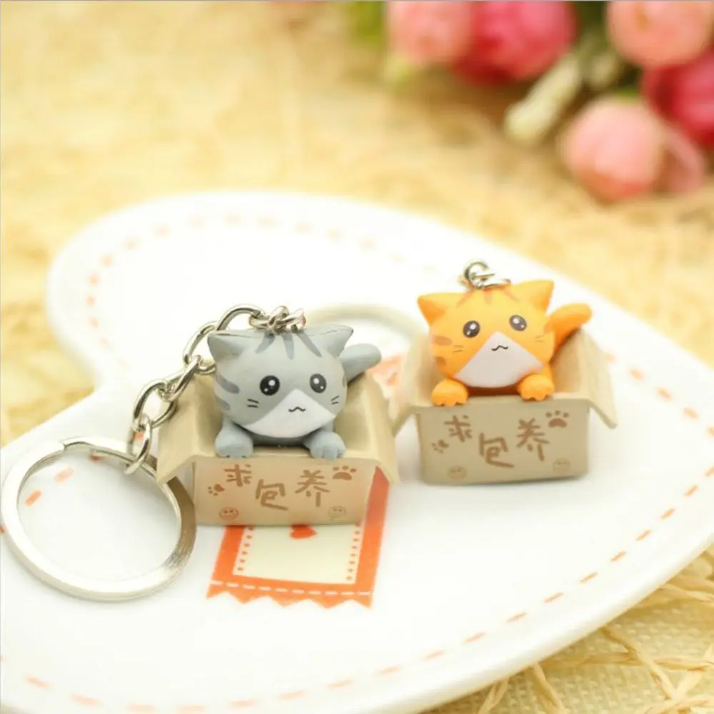 Cute Cartoon Personality Box Resin Little Cat Bag Charm Pendant Keychain For Men Women Key Ring