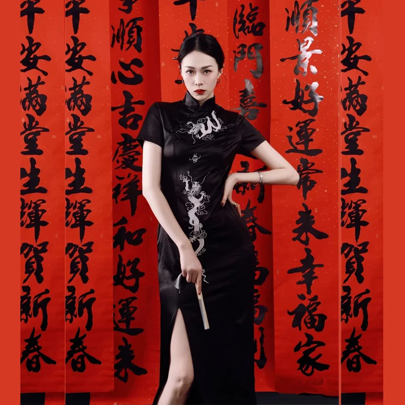 

Платье-Ципао в готическом стиле, пикантное облегающее современное восточное платье черного цвета в стиле «Год Дракона», уличная одежда на Хэллоуин