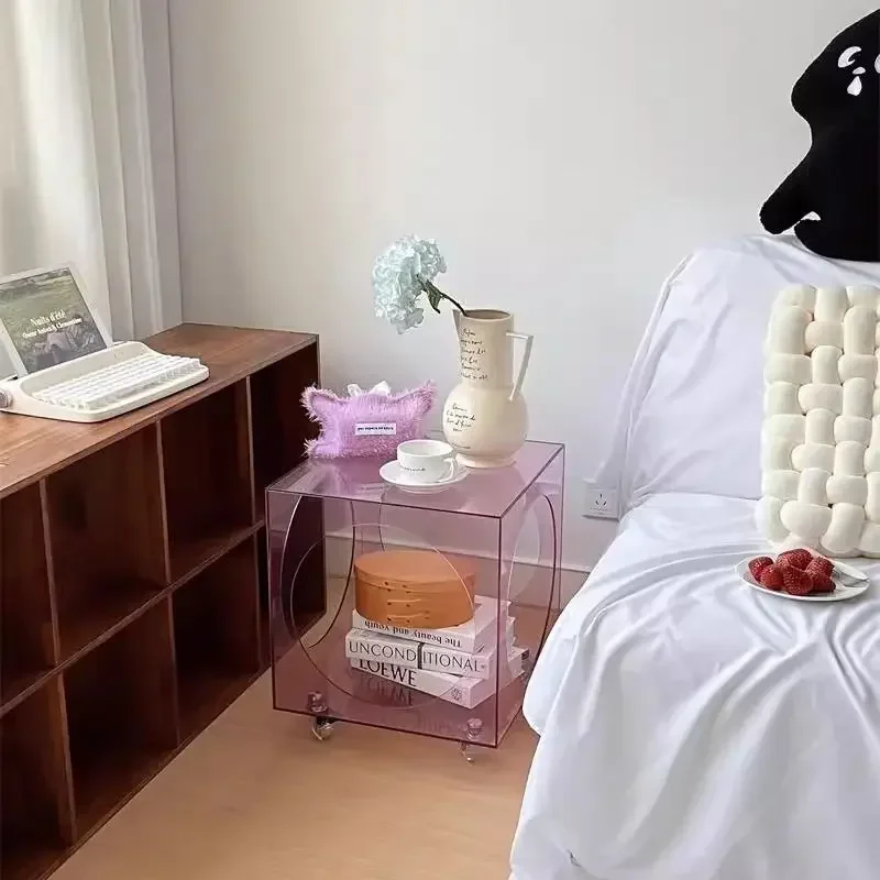 Acrylic Movable Trolley Coffee Table Sofa Side Table High-end Creative Bedside Large Capacity Storage Rack