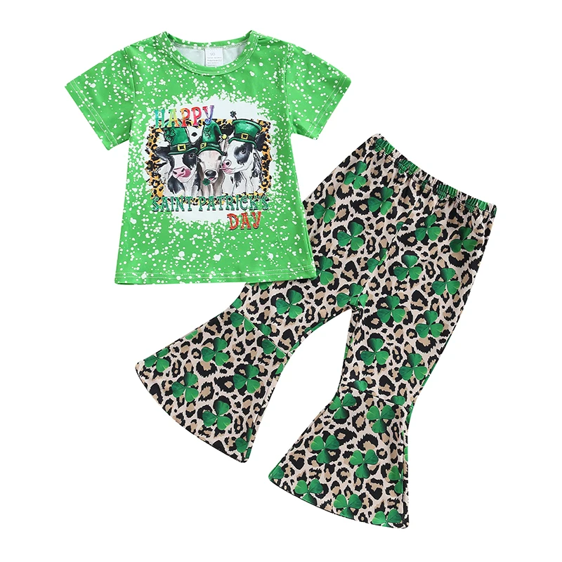 

1-6T Toddler Girl 2Pcs Spring Outfits Summer Short Sleeve Cow Shamrock Print Tops + Flare Pants Set Kids Clothing