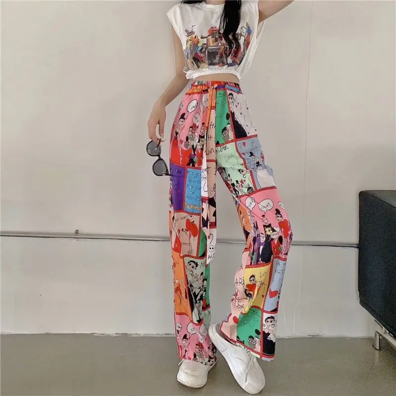 Korean Fashion Summer Pants Women's Elastic High Waist Pockets Printing Tie Dye Bohemian Casual Loose Straight Wide Leg Trousers