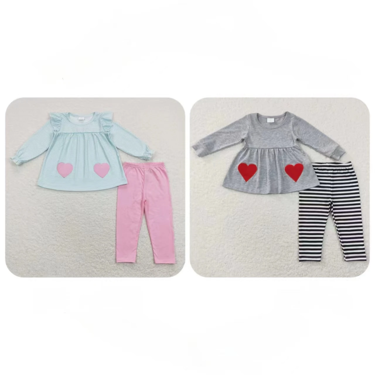 

Wholesale Baby Girl Long Sleeves Hearts Tunic Kids Leggings Pants Children Stripes Set Children Valentine's Embroidery Outfit
