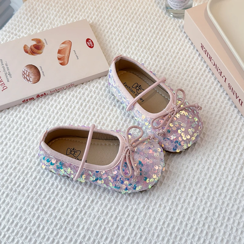 Girls Shoes Kids Glitter Leather Shoes for Wedding Stage Party Sequins Bling Shiny with Bow-knot Princess Soft Children's Flats