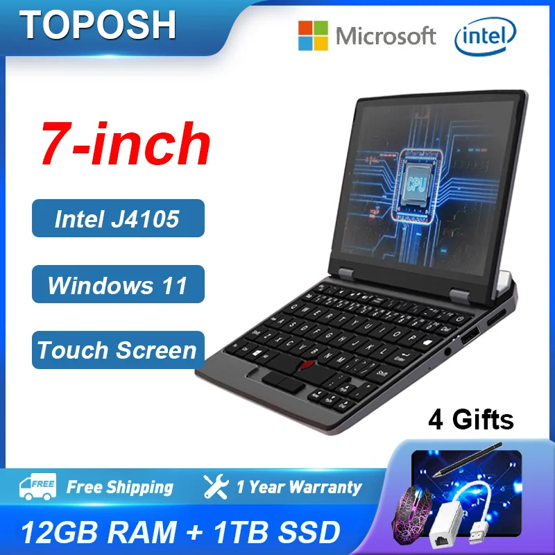 TOPOSH 7 inch Mini Laptop J4105 12G 1TB SSD Micro Portable Touch Screen