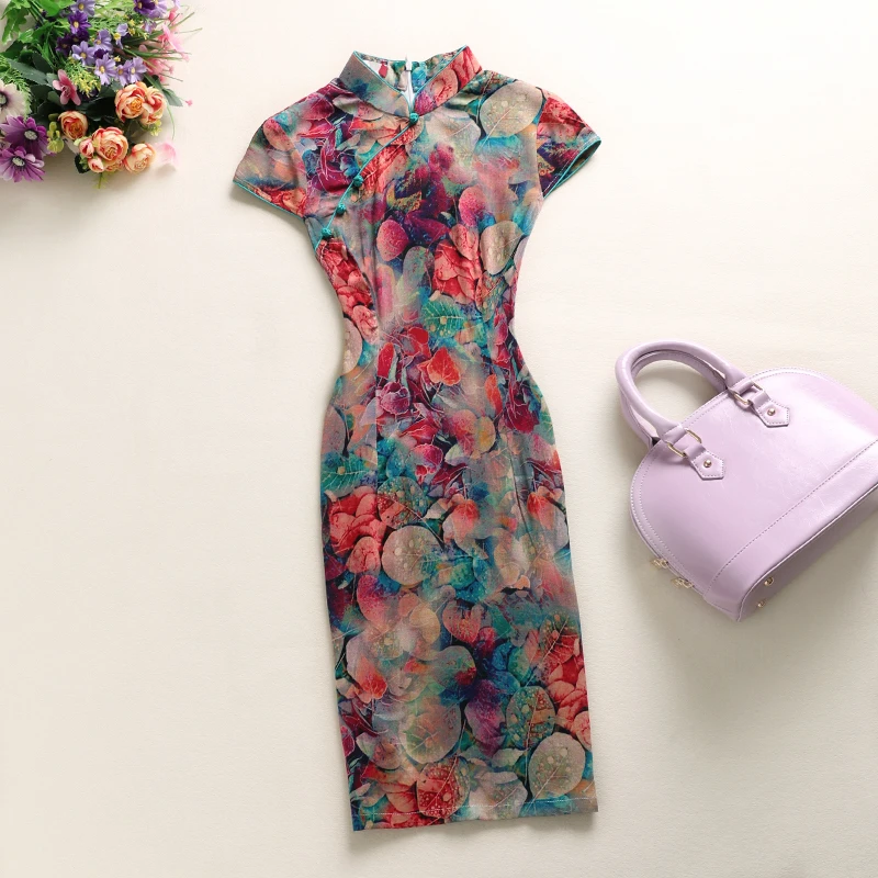 2023 New Summer Elegant Floral Print Plus-size Low Slit Short Cheongsam Qipao Dress Women Bride Party Chinese Traditional Dress