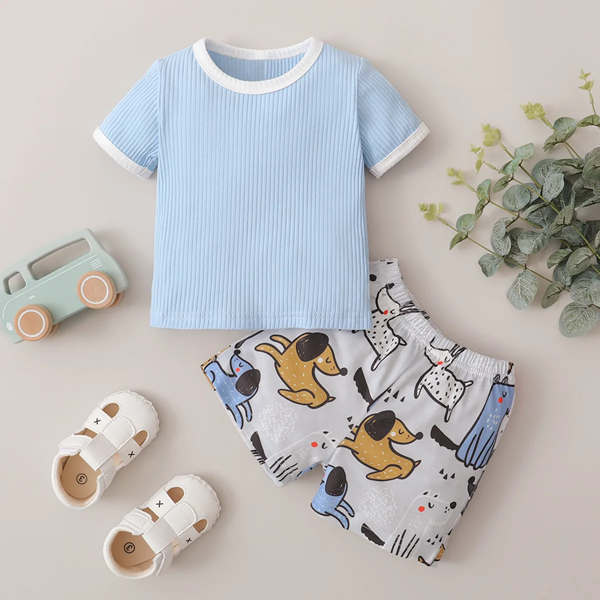 

2023 Summer Baby Suit,Casual Solid Color T-Shirt+Cute Little Animal Print Shorts,95% Cotton is Suitable for Boys 3-18 Months Od