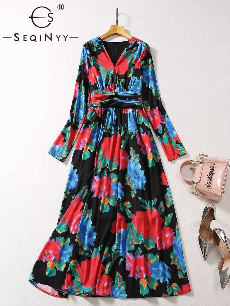 

SEQINYY Casual Midi Dress Blue Red Flower Vintage Print V-Neck High Street Draped Elegant Women Runway Fashion A-Line