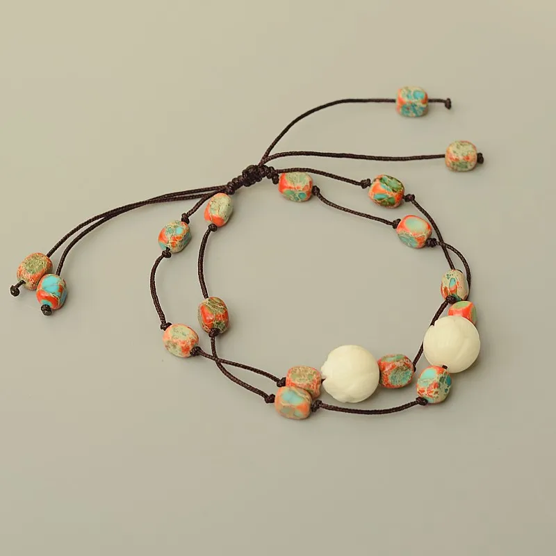 

National Style Anklets Emperor Stone Bodhi Root Lotus Handmade Weave Vintage Ornament Student Ankle Chain