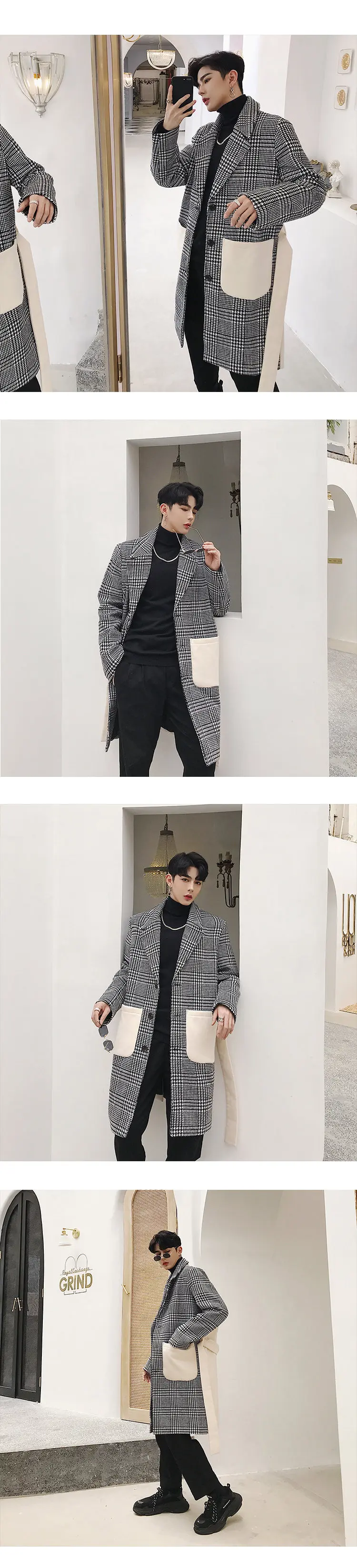 Description Picture 3 of itemMen's Thousand Bird Plaid Long Woolen Coats Patchwork Lapel Long Sleeve Streetwear Autumn Winter Fashion Casual Thick Trench