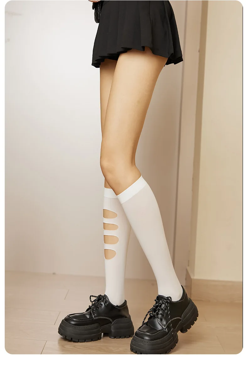 Spring and summer thin personality asymmetrical unilateral hole black and white calf socks Personality velvet girl socks