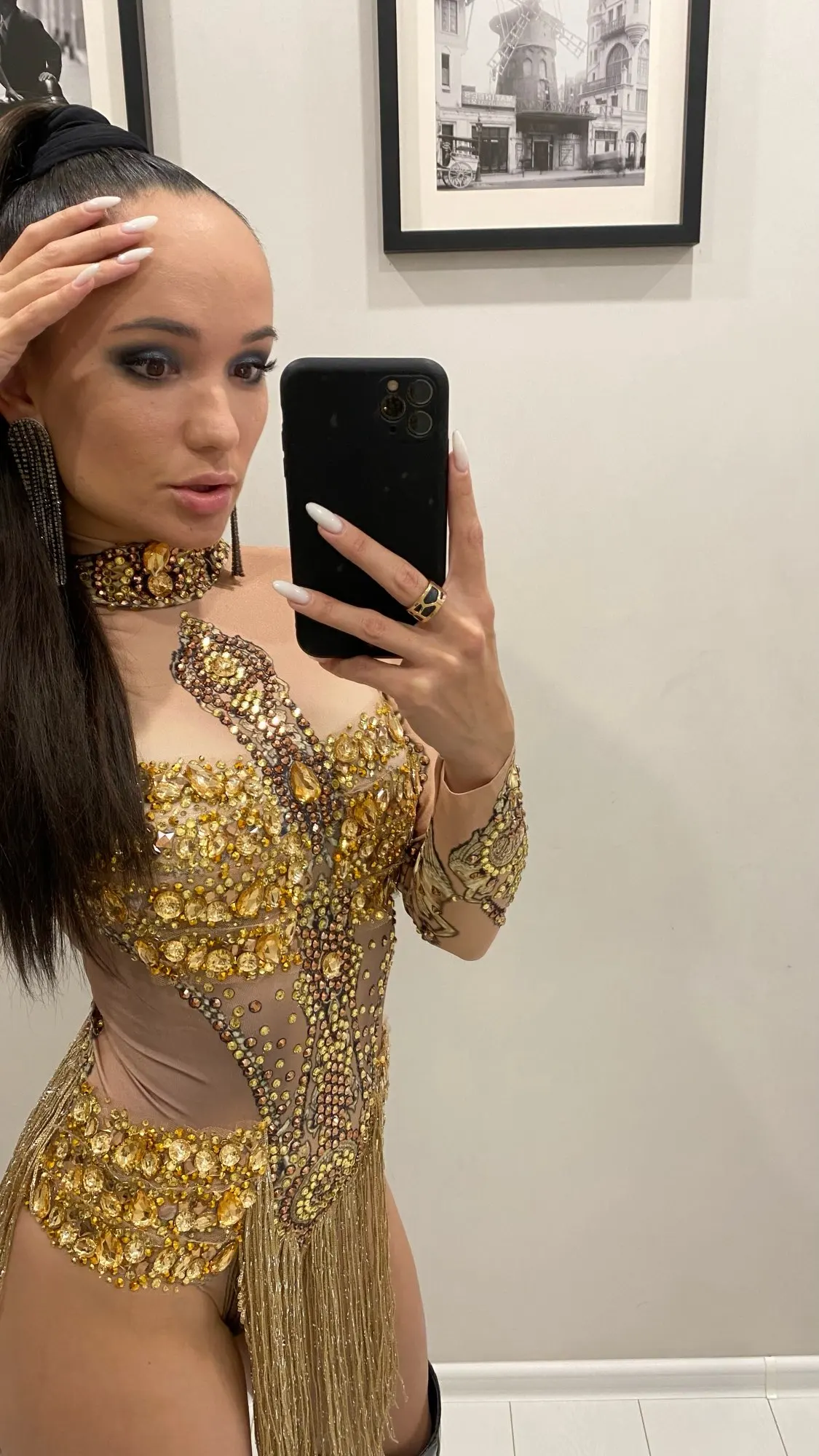 Sparkly Gold Crystals Fringes Leotard Women Rhinestones Performance Dance Costume Stage Wear Club Outfit Sexy Tassel Bodysuit