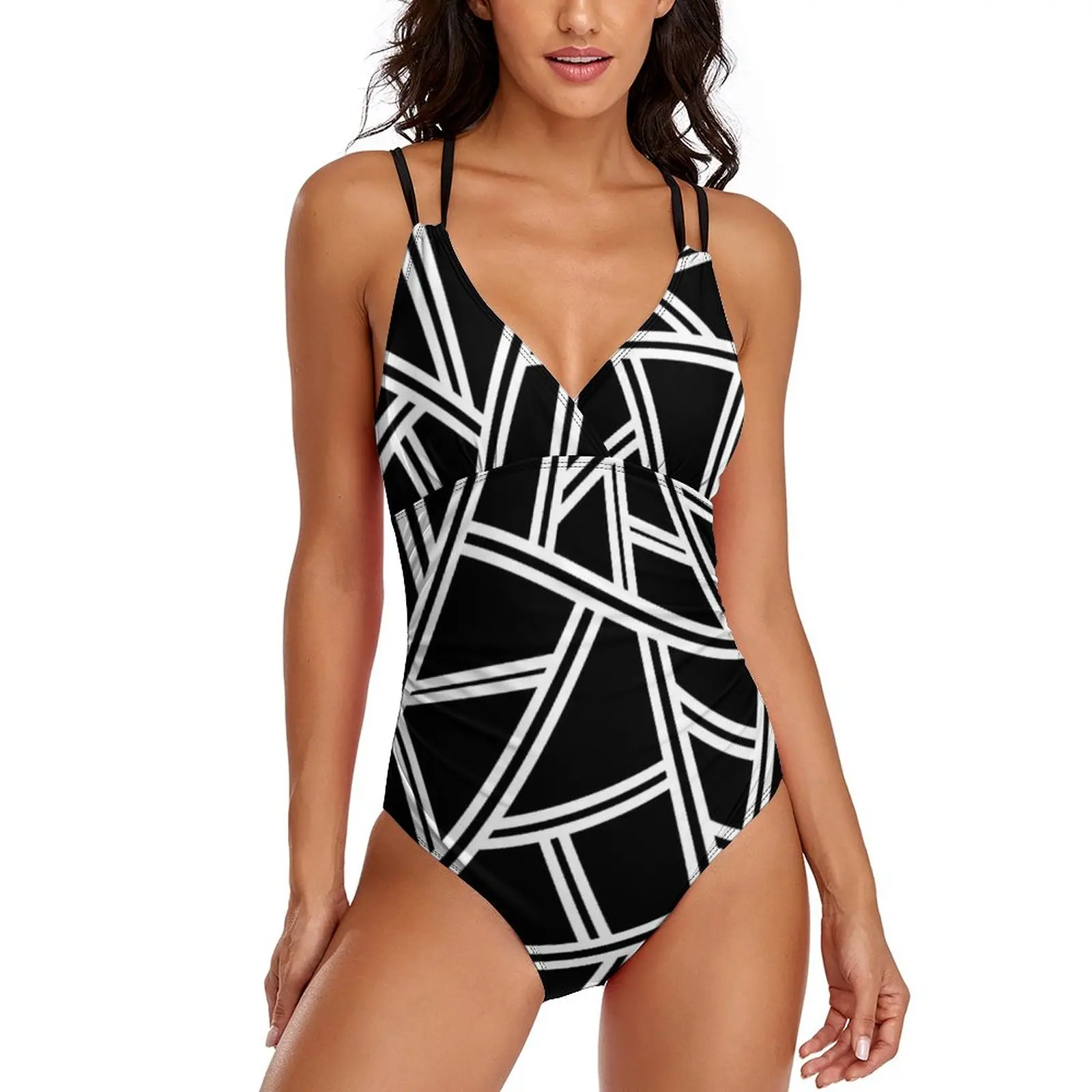 

Купальник с абстрактными искусственными черными линиями и принтом, купальный костюм с пуш-ап, сексуальные купальники с перекрестной спинкой, дизайнерская пляжная одежда