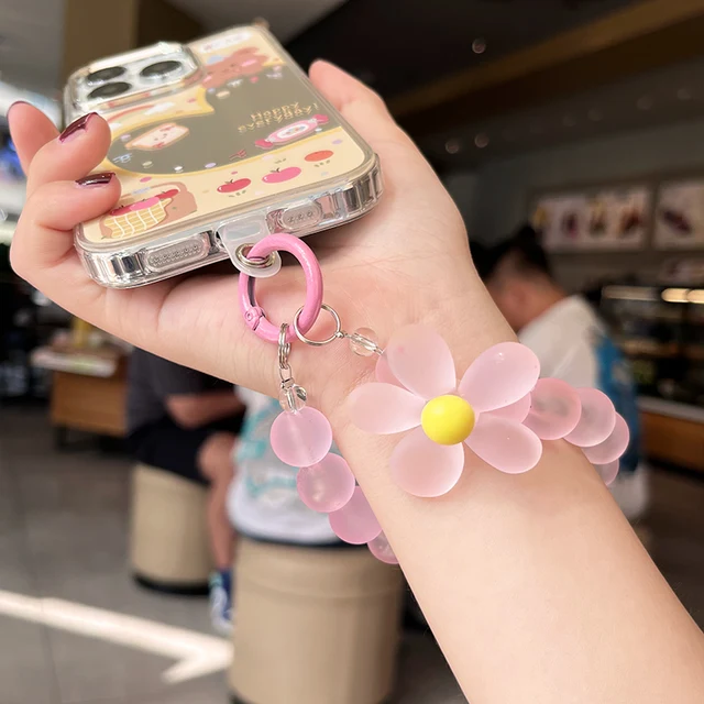 Cordão para Celular com Pingente de Contas Foscas e Flor Colorida