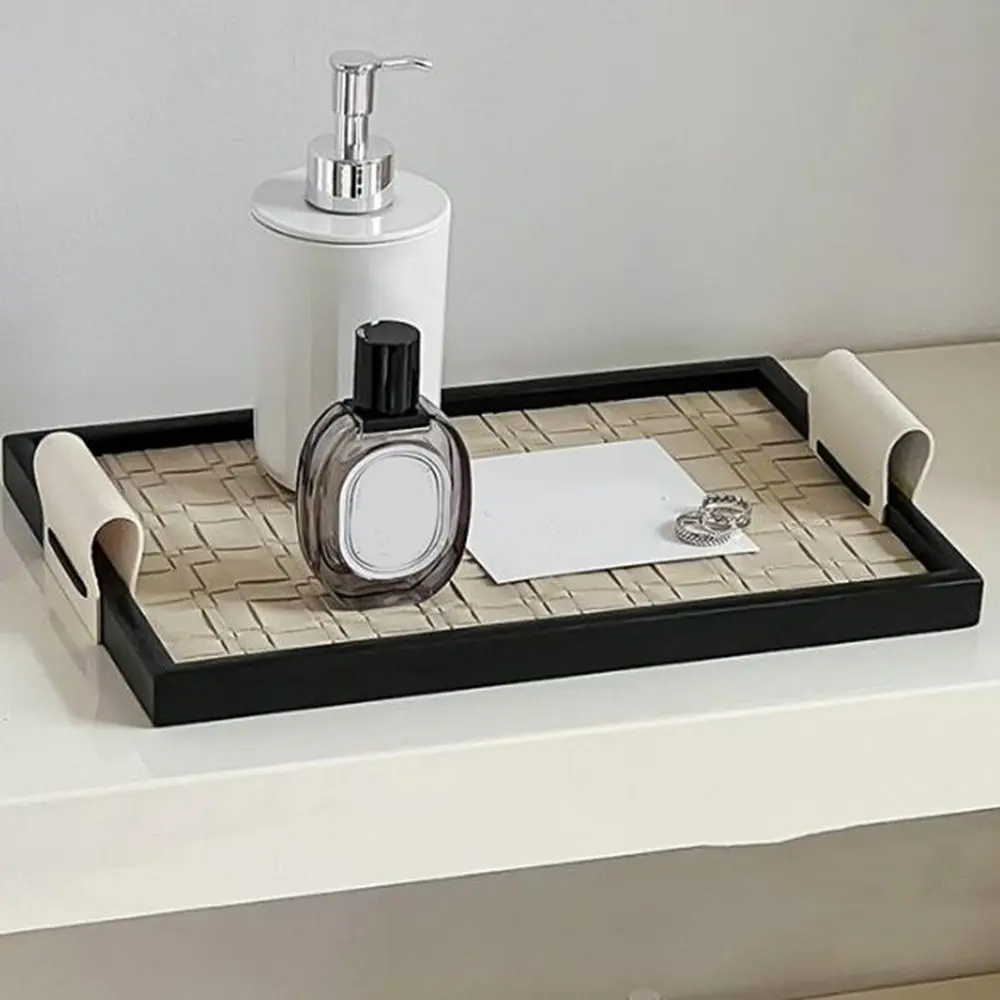 Black/Beige Woven Leather Storage Tray Handmade Rectangle Leather Wooden Tray with Handle Cake Fruit Dessert Tray Water Cup 5