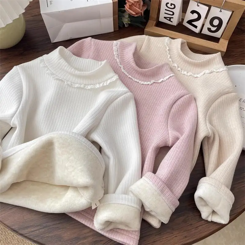 Lace Half High Collar Thicken Velvet Shirt Baby Girls Autumn Winter Warm Pullovers Girls Solid Color Casual Bottoming Tops