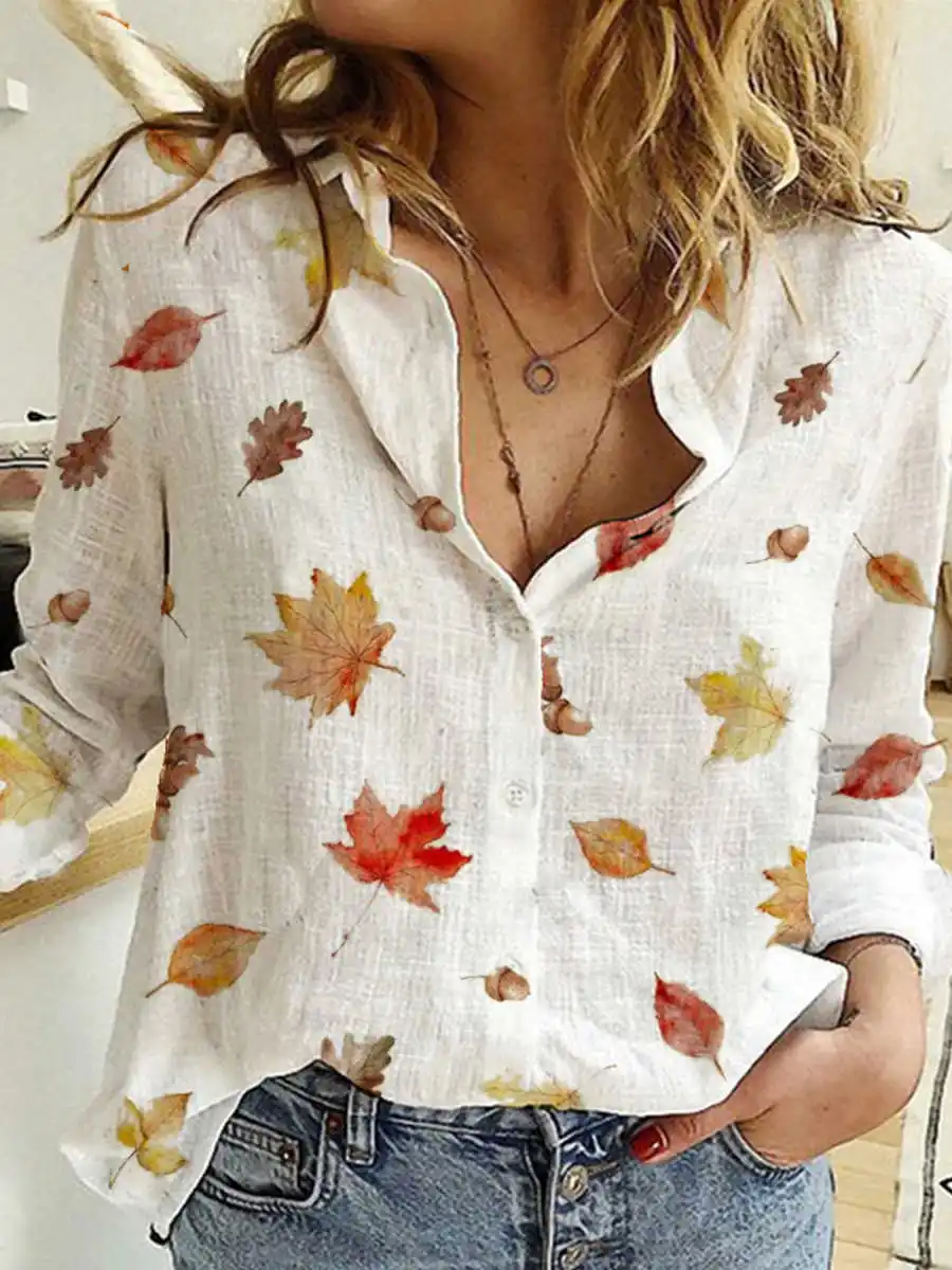 Autumn Hot Selling Temperament Loose Sleeve Shirt Women's Fashion Casual Button Shirt New Maple leaf Print Top Women's Clothing elegent women 2023 autumn hot selling fashion cusual simple new contrasting bird check temperament commuting jumpsuit and dress