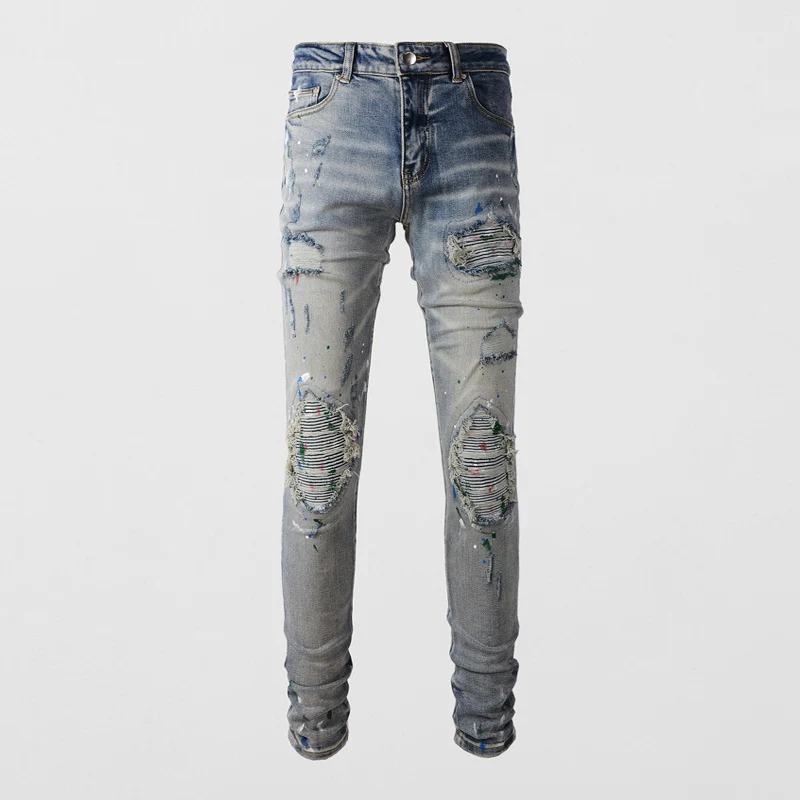 

Street Fashion Men Jeans Retro Light Blue Elastic Slim Fit Painted Ripped Jeans Men Patched Designer Hip Hop Brand Pants Hombre