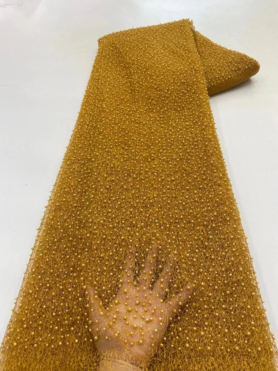 

2023 African Classic Gold Luxury Beaded Lace Tulle High Quality French Handmade Peral Fabric Nigerian For Woman Dinner Dress Sew