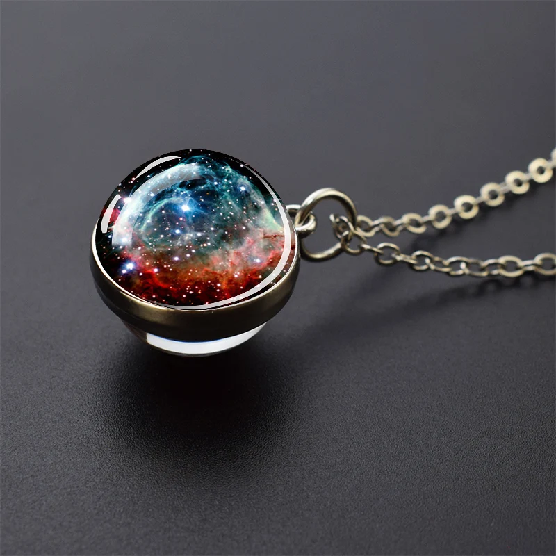 Celestial Galaxy Pendant Necklace – Double-Sided Glass Ball Astronomy Jewelry Gift