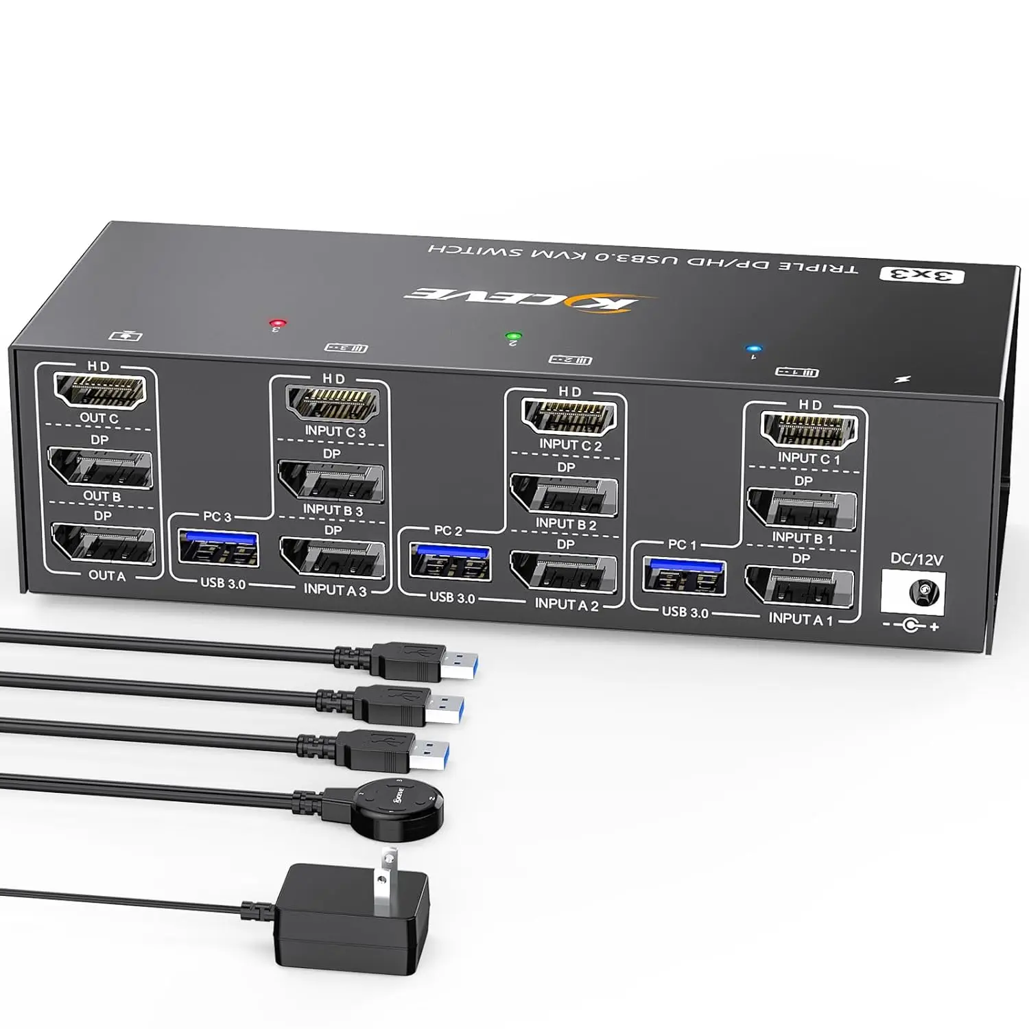 KCEVE HDMI USB 3.0 KVM 스위치, 모니터 3 개, 컴퓨터 3 개, 8K @ 60Hz, 4K @ 144Hz 트리플 모니터 KVM, 4 USB 3.0 포트, KVM Tripl 모니터