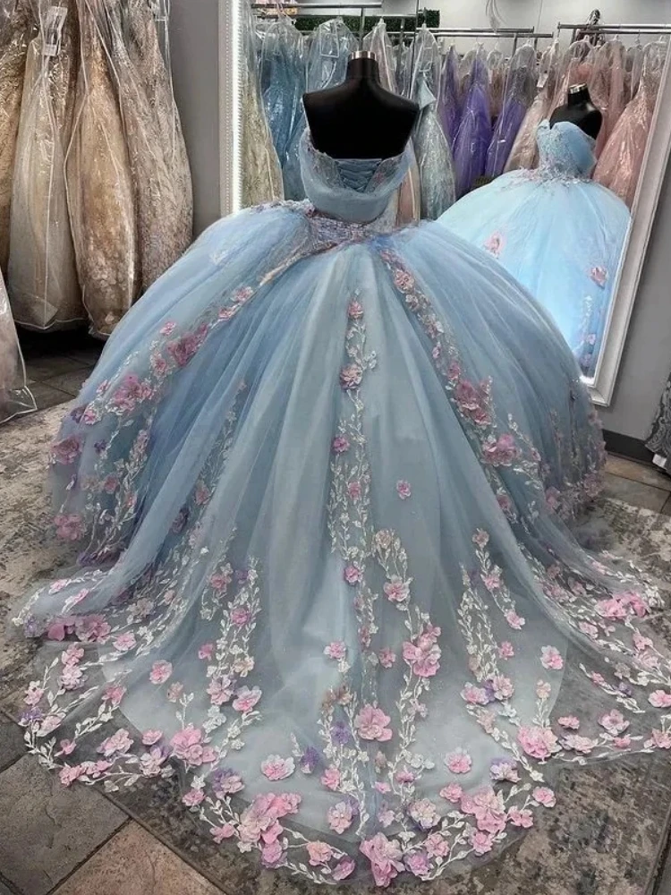 15 dresses pink and blue Light Sky Blue Quinceanera Dresses Ball Gown Off Shoulder 3D Rose Flow –  shinydress