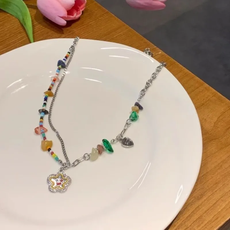 Bohemia Candy Color Cute Necklace for Women Star Pendant Beaded Clavicle Chain Multicolor Y2K Vacation Jewelry Accessories