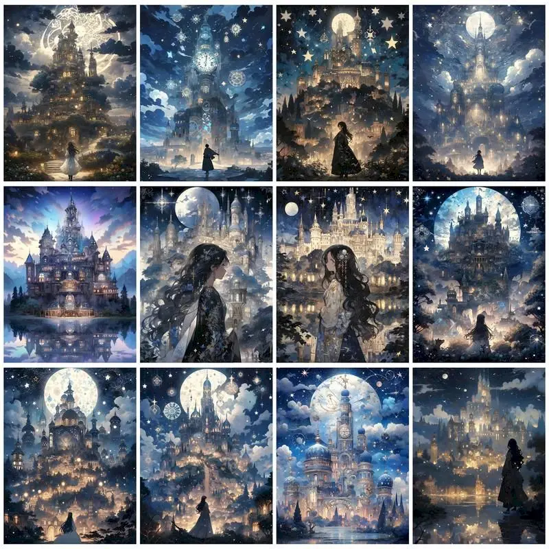 

SDOYUNO Oil Painting By Numbers Cartoon Dream Castle Darkness For Handiwork Framed Painting For Wall Decoration Home
