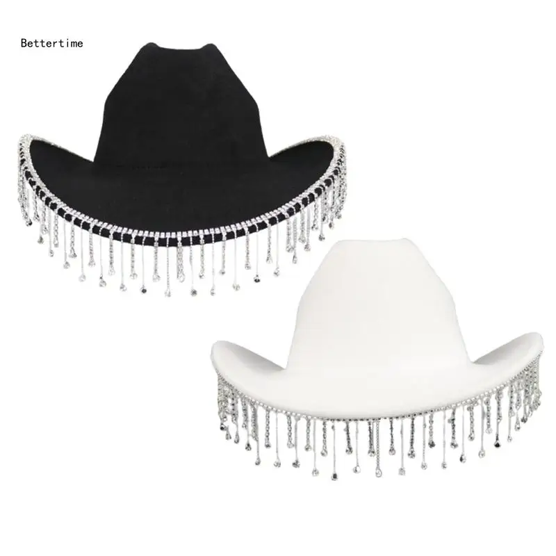 

B36D Crystal Cowboy Hat Tassels Knight Hat Encrusted Rhinestones Hand Beading