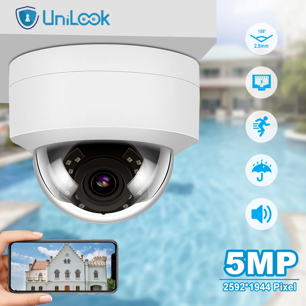 Unilook 5Mp Poe Ip Dome Camera Telecamera Di Sicurezza Esterna Microfono Integrato Telecamera Cctv Compatibile Hikvision Ip66 Ir 30M Danale
