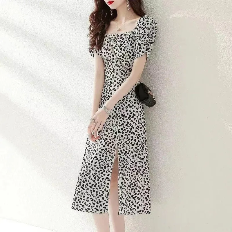 

2023 Summer Robe Women's Clothing Wear New Split Short Sleeve Waist Slim Fashion Printing Casual Age Reducing Long Sexy Dresses