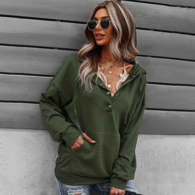 Women Casual Vintage Sweatshirts Tracksuit Winter Warm Loose Pullover Autumn Fashion Red Hoodies Buttons Turn Collar Tops Jumper