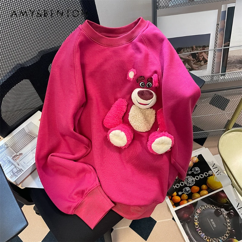 Potdemiel Dragon Fruit Color Cute Three-Dimensional Doll Bear Sweatshirts Female Sweet Cool Top Ladies New Casual Pullover Tops