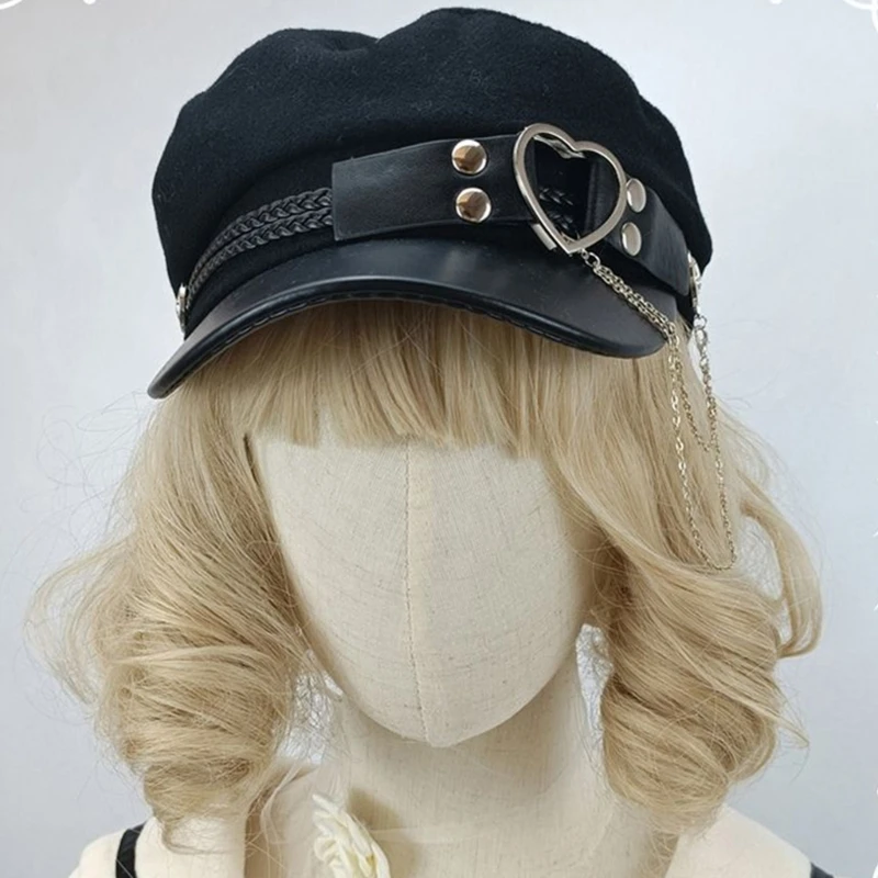 Lolita Girls Felt Beret Cap with Love Heart Buckle Belt Women Fashion Tassel Chain Octagonal Adult Teens Party Cosplay_voghion.com