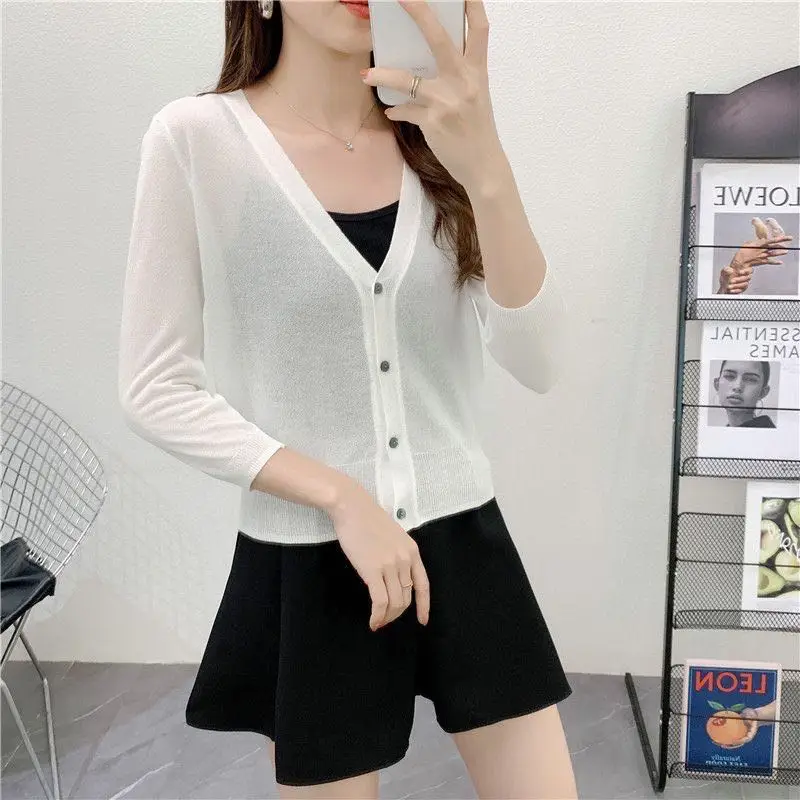 Spring/Summer Ice Linen Knitted Split Sleeve Cardigan Women's Versatile Office Air Conditioning Shirt Fashion Sunscreen Top