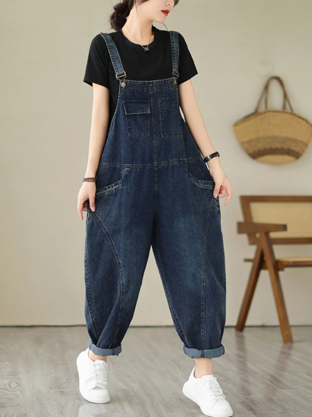 Fall Women's Loose Jeans Overalls Deep Blue High Waist Design Sensation plus Size Faion plus Size Women's Loose Slimming