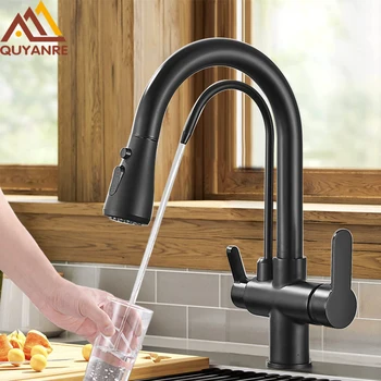 Quyanre Gru filtrato nero opaco per cucina Estraibile Spray Rotazione a 360 gradi Rubinetto filtro acqua Miscelatore lavello a tre vie Rubinetto della cucina 1
