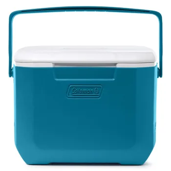 Portable hard cooler for outdoor use, durable plastic body, blue color, 16-quart capacity with 11-can storage and extended ice 1