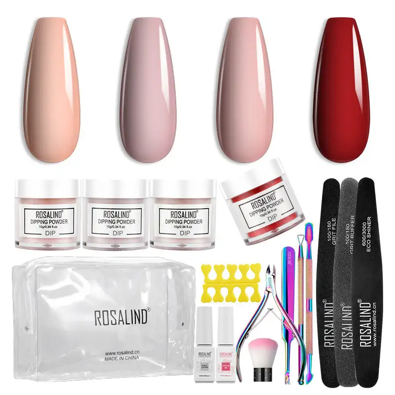 

ROSALIND Acrylic Powder Set Nude Gel Polish Semi Permanent Natural Dry Dipping Powder Tools Kit Top Base Coat All For Nail Art