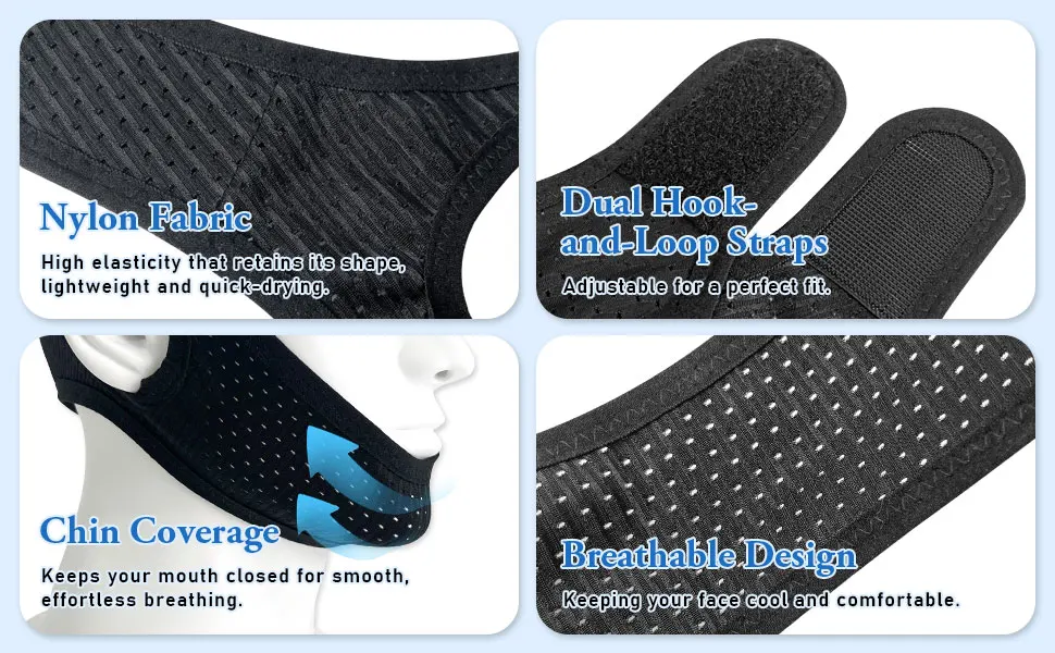 حزام ذقن مضاد للشخير أثناء النوم، شريط لاصق للفم والفم، أجهزة منع الشخير أثناء النوم، مانع الشخير لمستخدمي جهاز ضغط الهواء الإيجابي المستمر (CPAP).