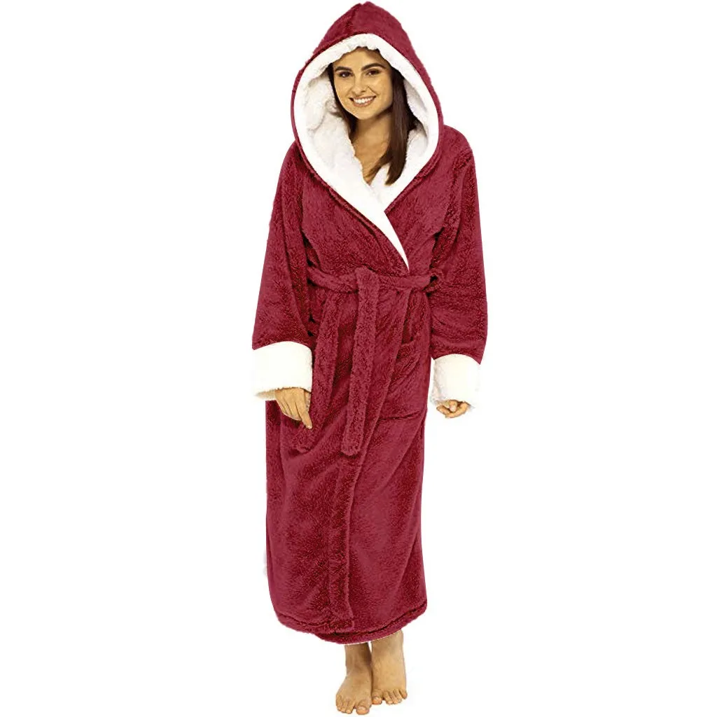 Thicken Hooded Women Sleepwear Plush Keep Warm Nightgown Robes Tight Waist Winter Bathrobe Loose Lace Up Bathrobe Loungewear